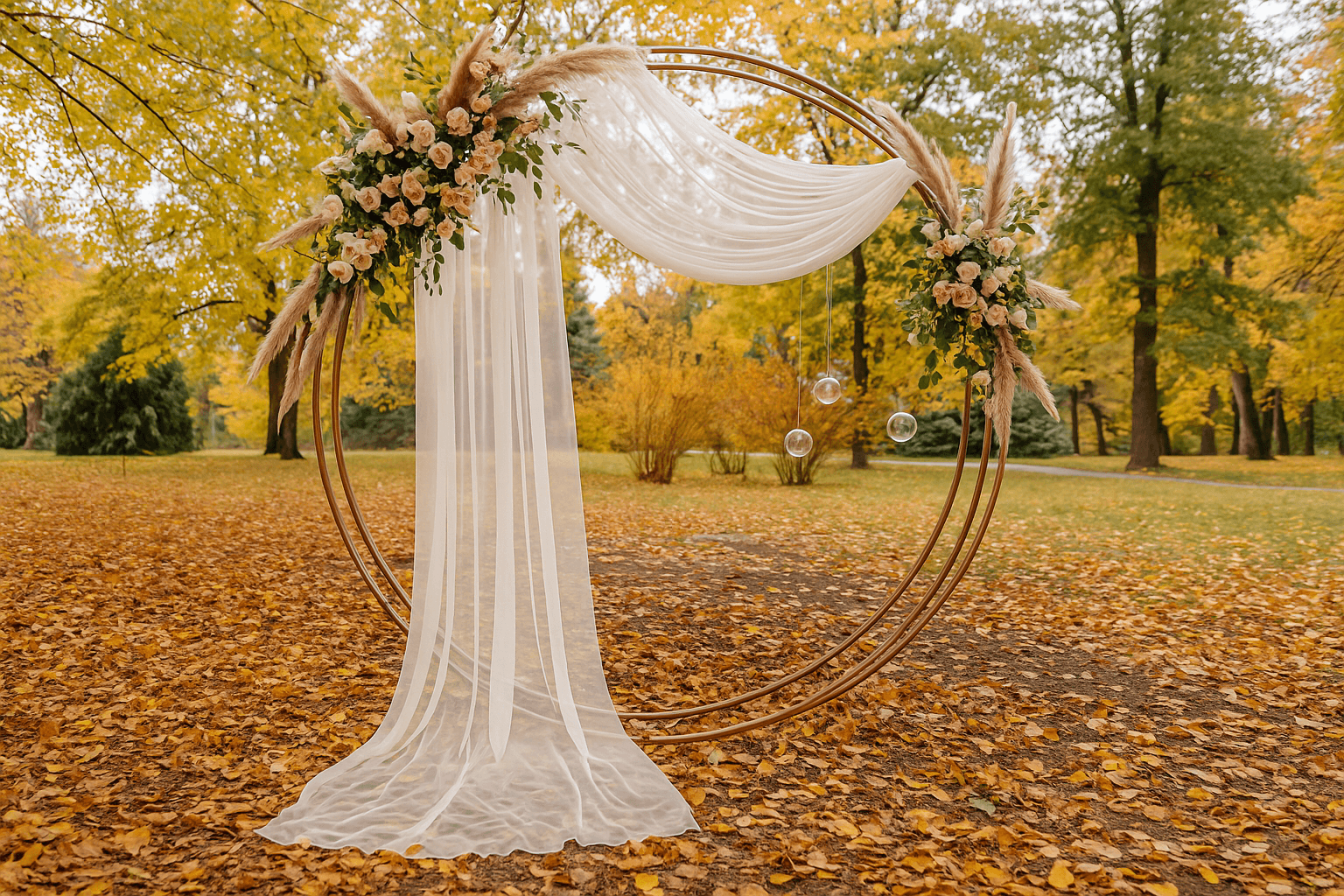 Herfstbruiloft met bloemenboog in park